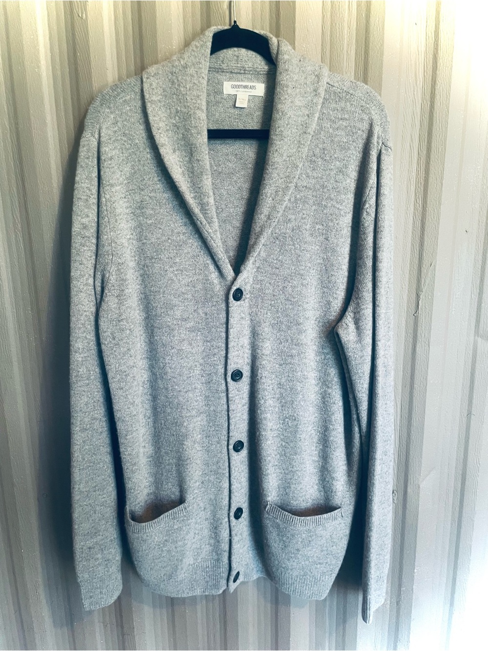 Goodthreads 100% Lambswool Cardigan Sweater Grey Shawl Collar Knit Mens 2XL Tall